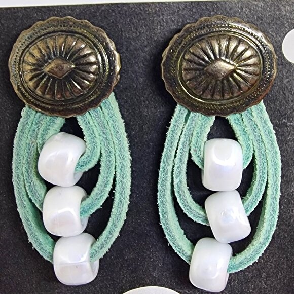 Concho Blue Suede Western Cowgirl Handmade Craft Drop Pierced Earrings - Picture 1 of 7